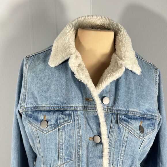 Asos Sz 2 Oversized Sherpa Neckline Faux Fur Trucker Jean Borg Denim Jacket - Picture 5 of 13